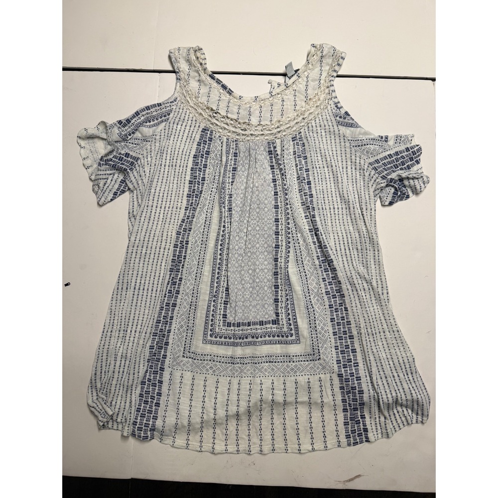 Lucky Brand Women Blue White Geometric Cold Shoulder Lace Top 1X 7Q63174